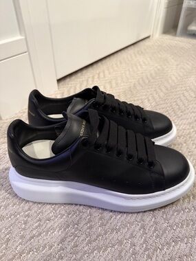 Alexander McQueen Black Leather Platform Sneakers with White Sole